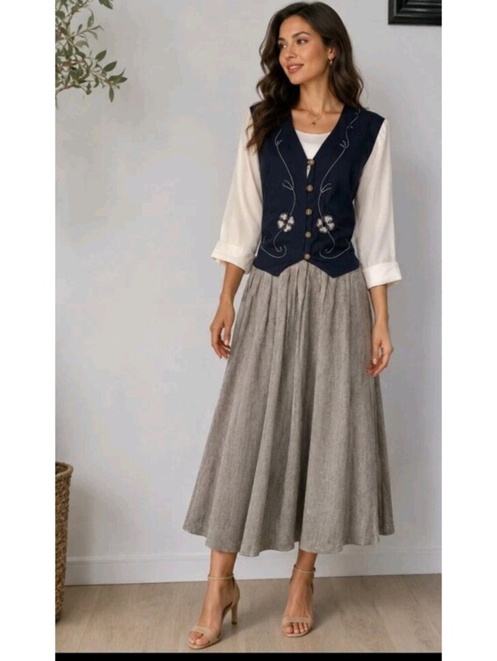 Allison-Che Vtg. Dress Womens 18W Pleats Cream Brown Navy Embroidered Vest #AA